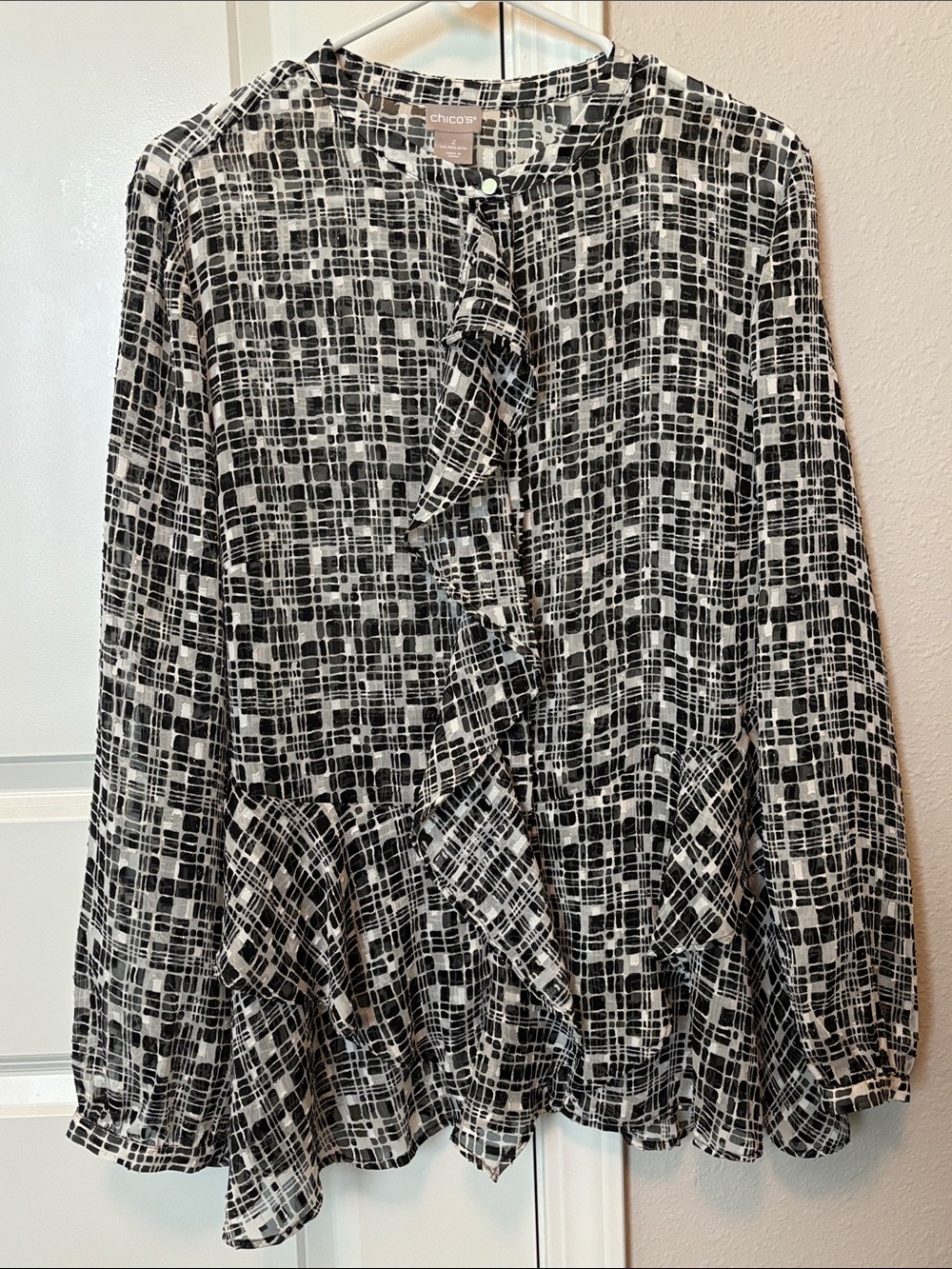 Chico's Black and White Grid-Print with gold thread sheer blouse size 2